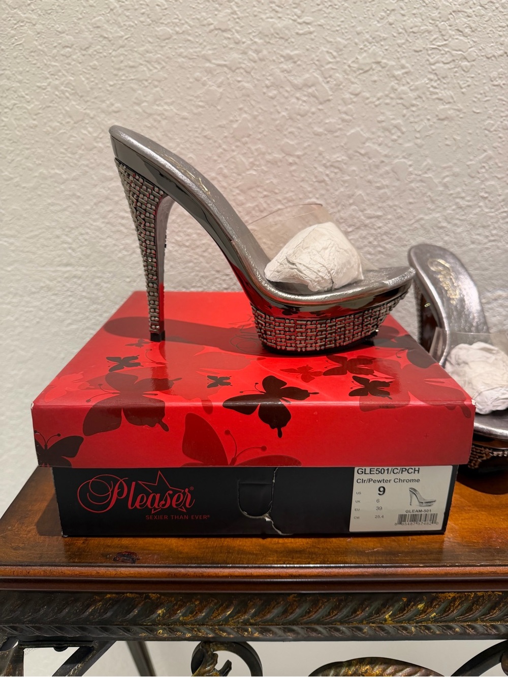 Pleaser Pewter Chrome Rhinestone Platform Mules